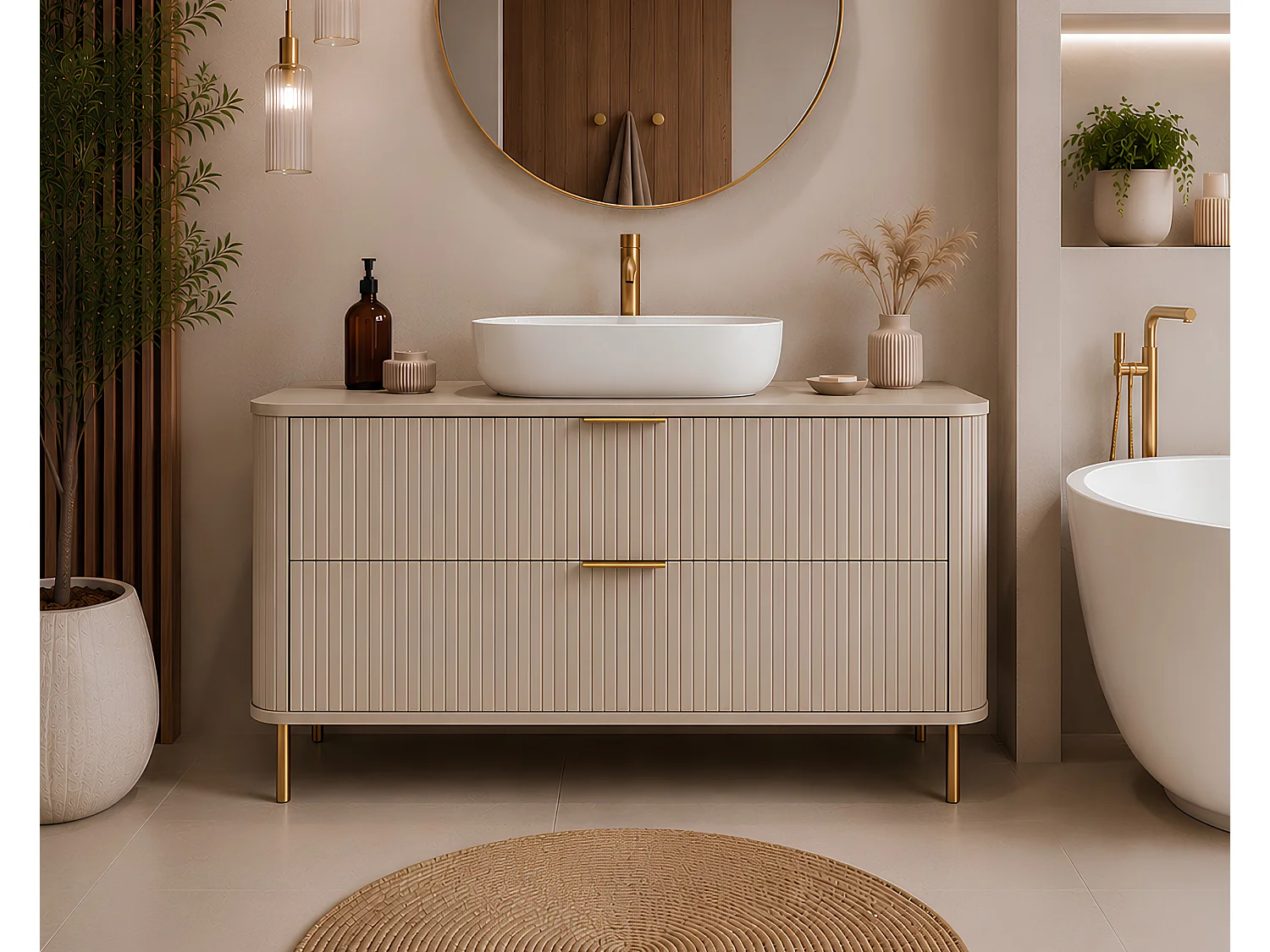 Free-standing bathroom cabinet with drawers and metal legs, colour Cashmere, gold handle, gold legs, 120 x 41.5 x 66.7 cm