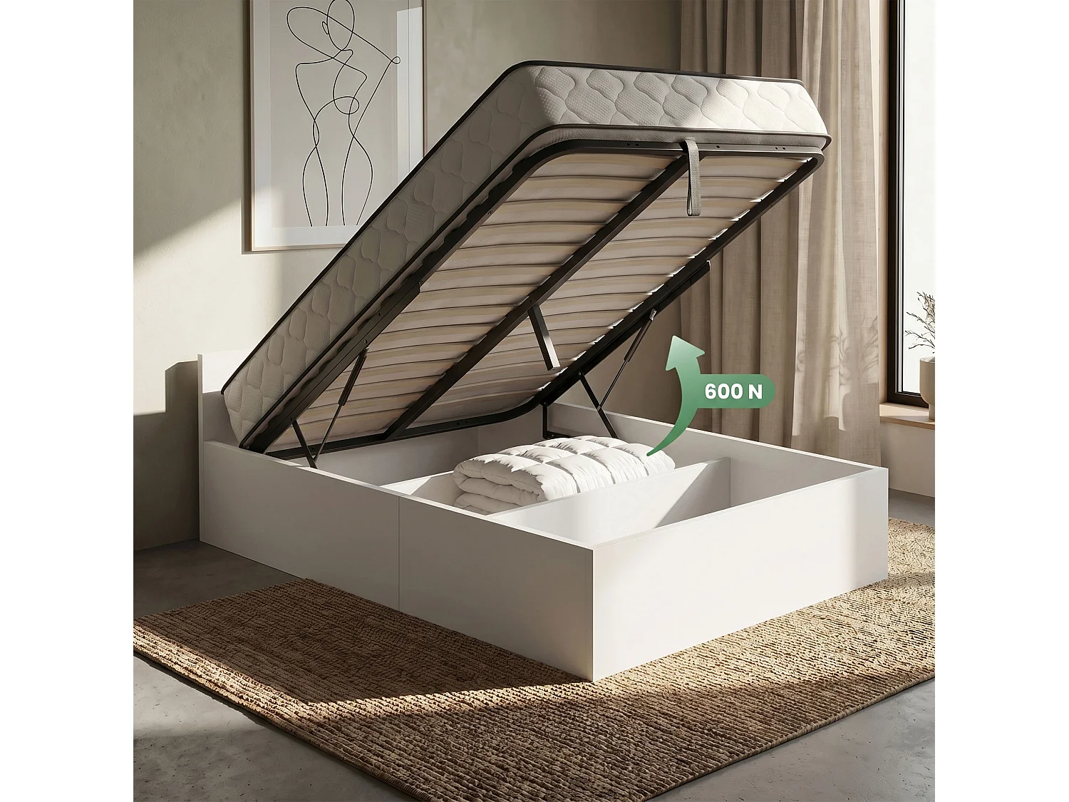 Bed met Opbergruimte 100x200 cm Metalen Lattenbodem Opklapbaar en Binnenveringsmatras Wit