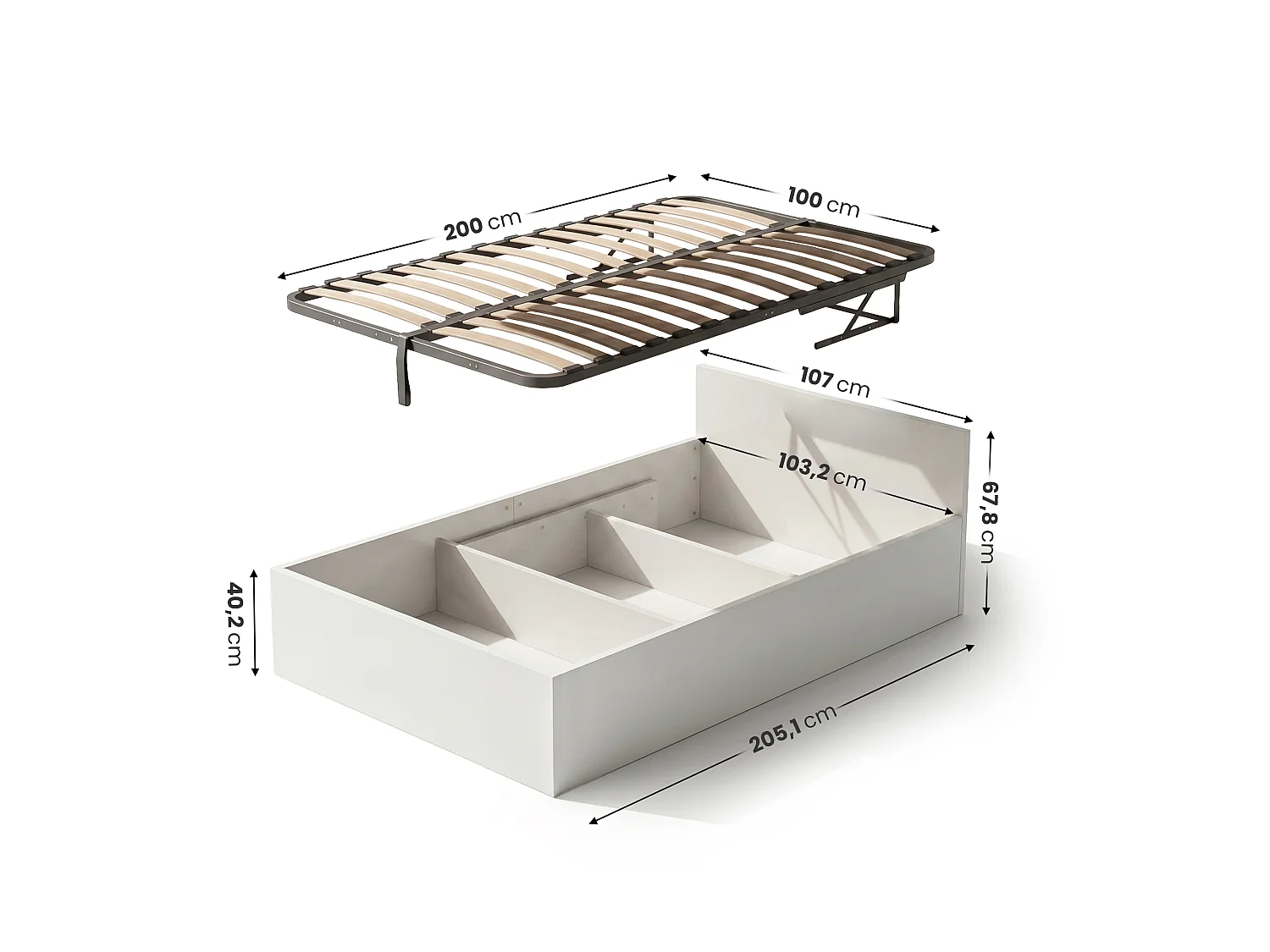 Lit coffre 100x200 cm sommier relevable en métal Blanc