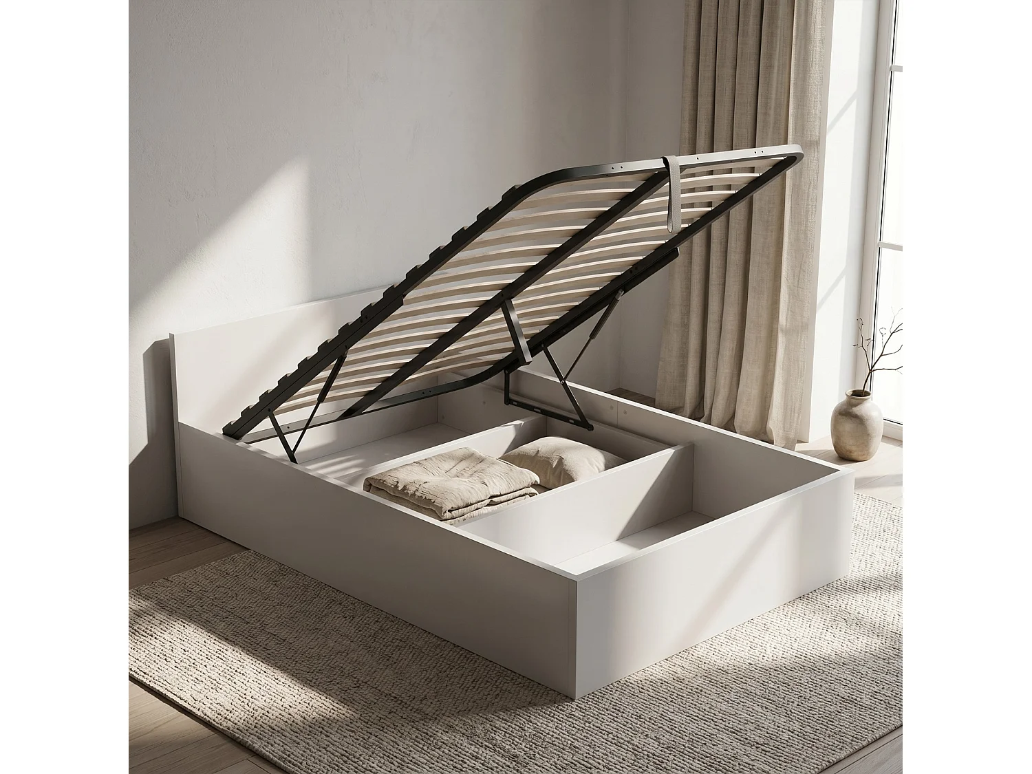 Lit coffre 100x200 cm sommier relevable en métal Blanc