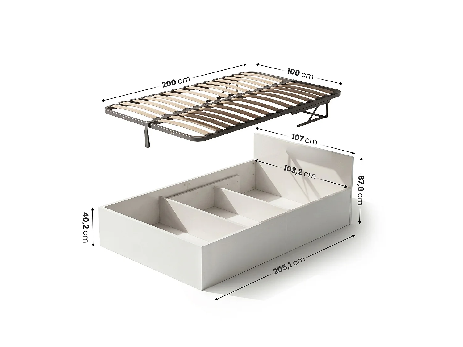 Lit coffre 100x200 cm sommier relevable en métal Blanc