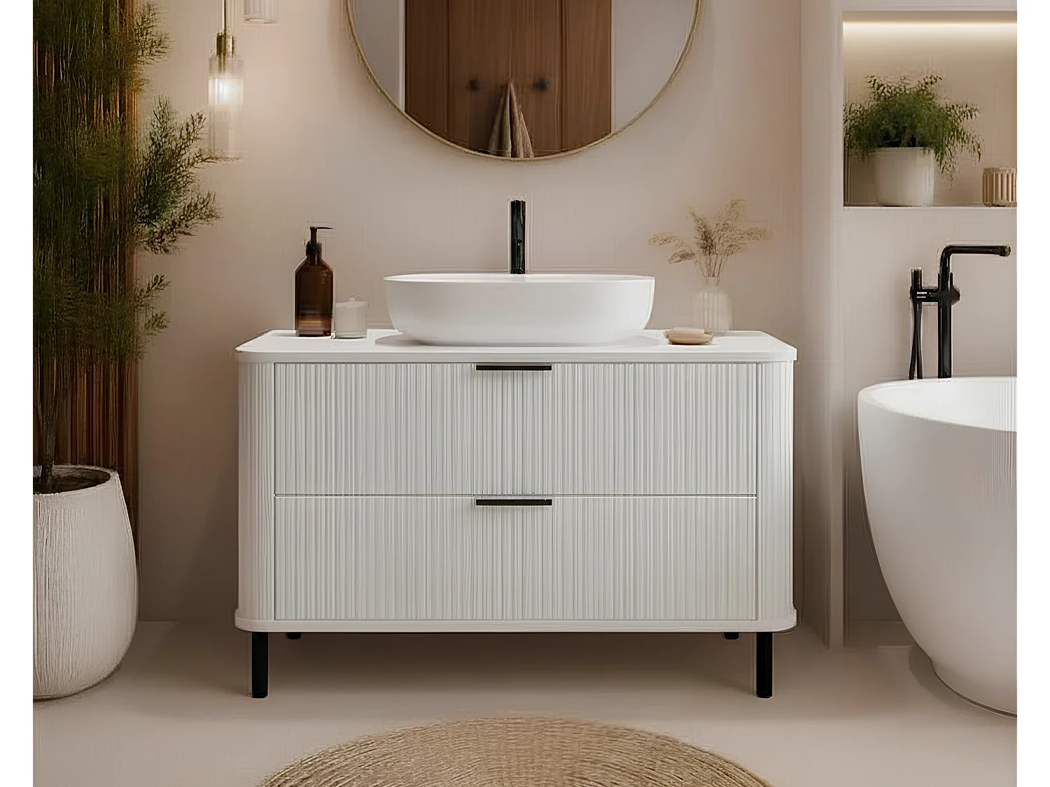 Meuble de salle de bain sur pieds avec tiroirs et pieds métalliques, coloris Blanc, poignée noir, pieds noir, 100 x 41,5 x 66,7 cm