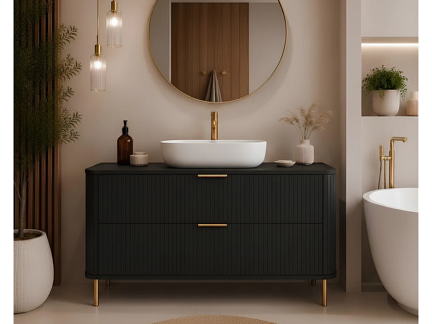 Free-standing bathroom cabinet with drawers and metal legs, colour Black, gold handle, gold legs, 120 x 41.5 x 66.7 cm