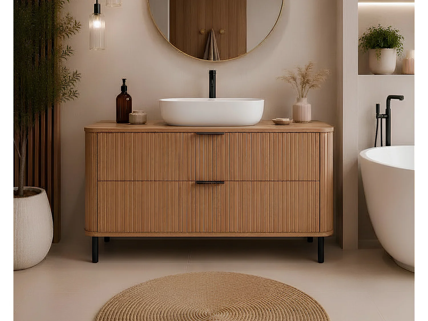 Meuble de salle de bain sur pieds avec tiroirs et pieds métalliques, coloris Chêne Craft, poignée noir, pieds noir, 120 x 41,5 x 66,7 cm
