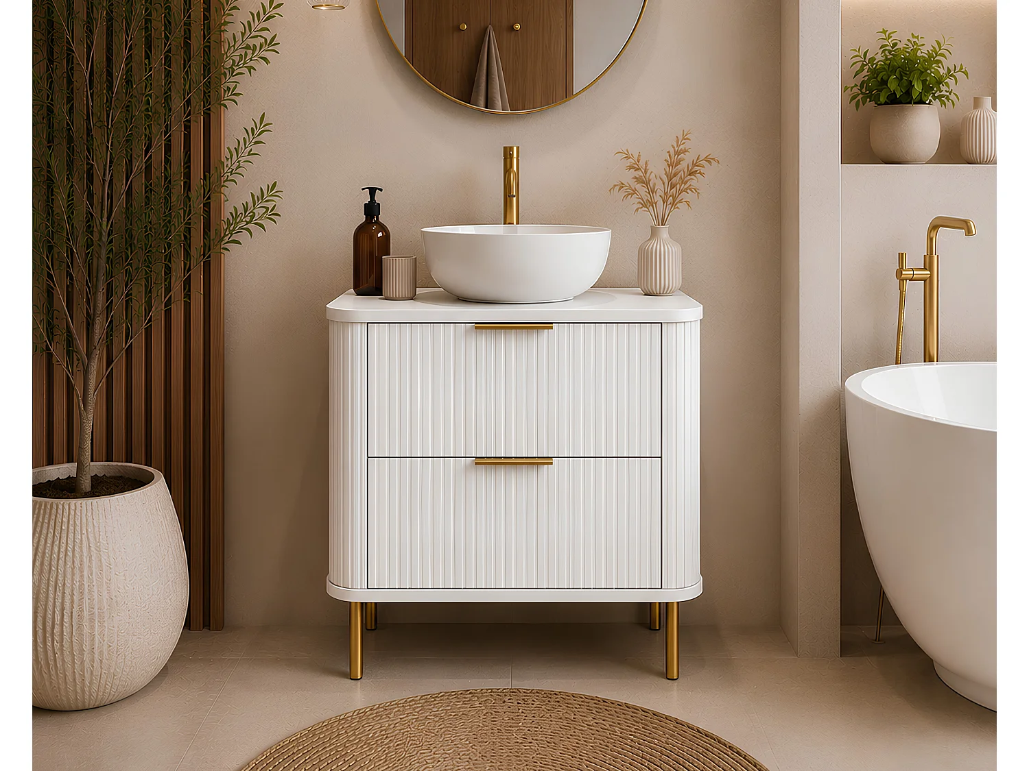 Meuble de salle de bain sur pieds avec tiroirs et pieds métalliques, coloris Blanc, poignée doré, pieds doré, 60 x 41,5 x 66,7 cm