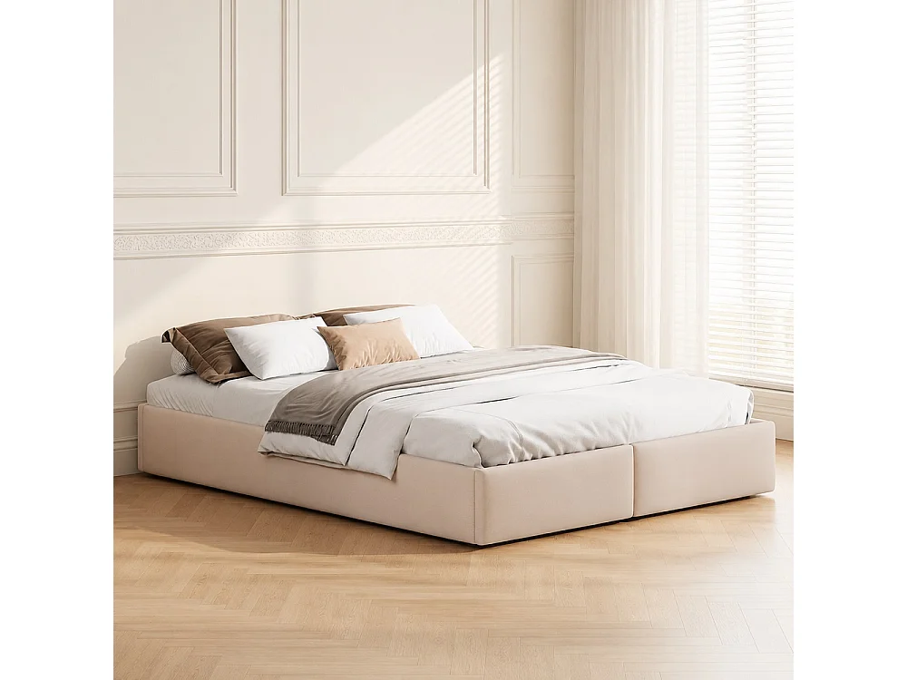 Lit de rangement hydraulique - 140 x 200 cm - sans tête - avec 2 tiroirs - Pas de matelas - Tissu de lin - Beige
