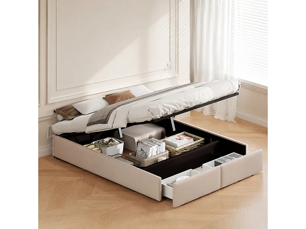 Lit de rangement hydraulique - 140 x 200 cm - sans tête - avec 2 tiroirs - Pas de matelas - Tissu de lin - Beige
