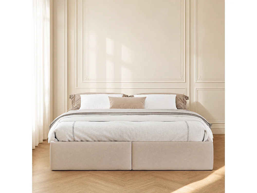 Lit de rangement hydraulique - 140 x 200 cm - sans tête - avec 2 tiroirs - Pas de matelas - Tissu de lin - Beige