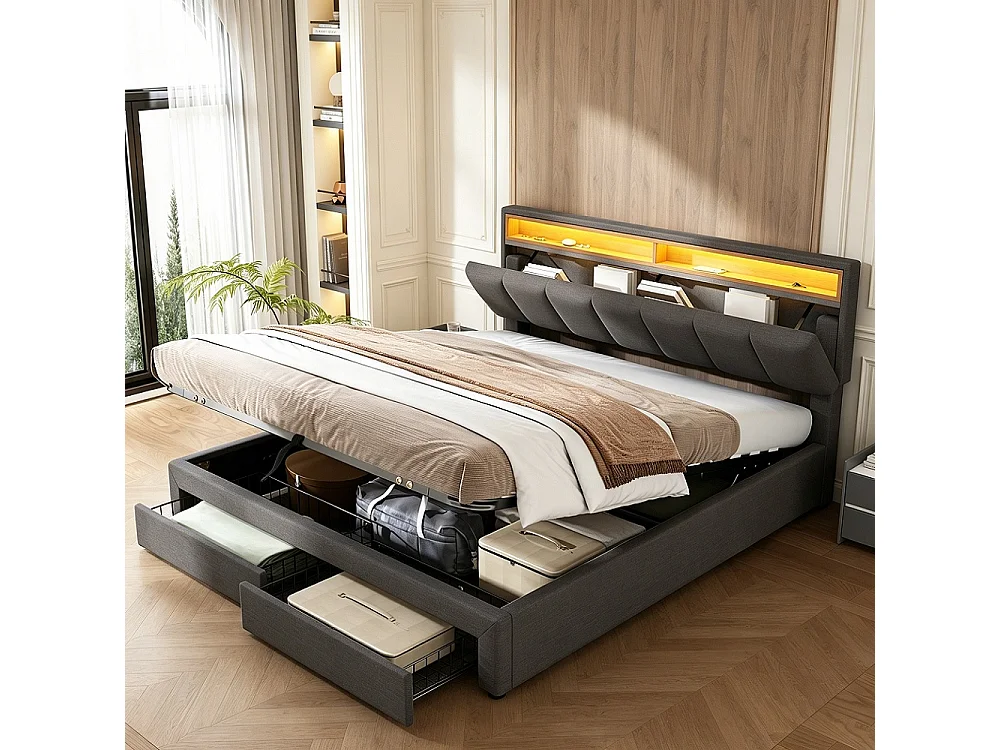 Lit de rangement hydraulique - 160 x 200 cm - avec éclairage LED et 2 tiroirs et compartiments de rangement - Pièce de tête réglable - Linge - gris