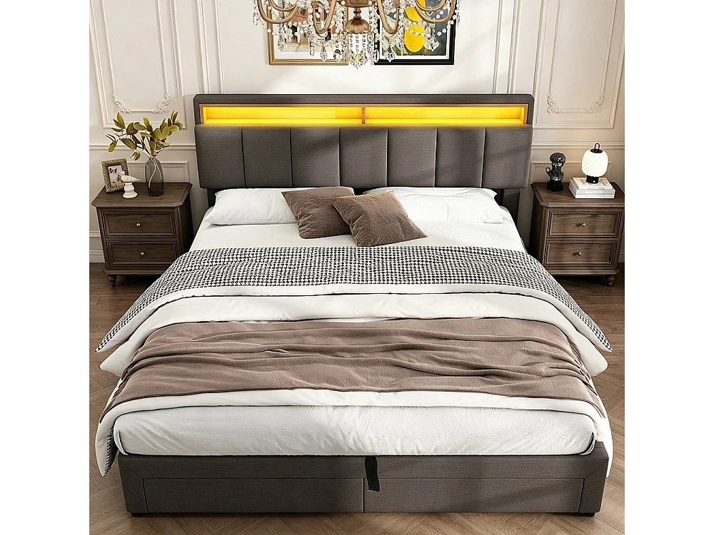Lit de rangement hydraulique - 160 x 200 cm - avec éclairage LED et 2 tiroirs et compartiments de rangement - Pièce de tête réglable - Linge - gris