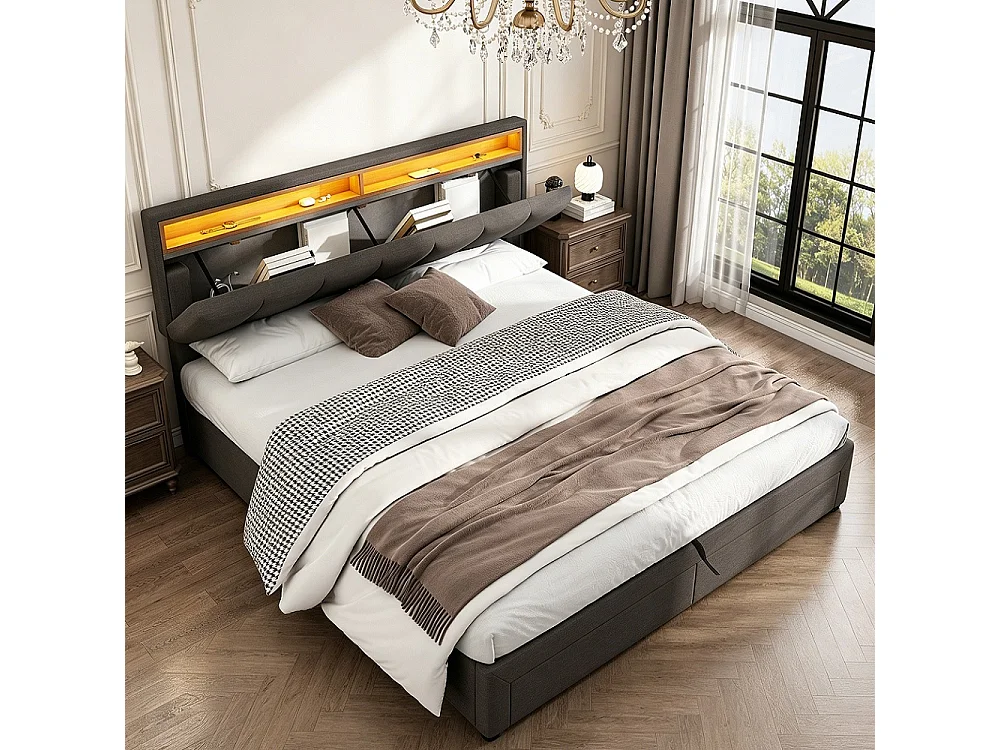 Lit de rangement hydraulique - 160 x 200 cm - avec éclairage LED et 2 tiroirs et compartiments de rangement - Pièce de tête réglable - Linge - gris