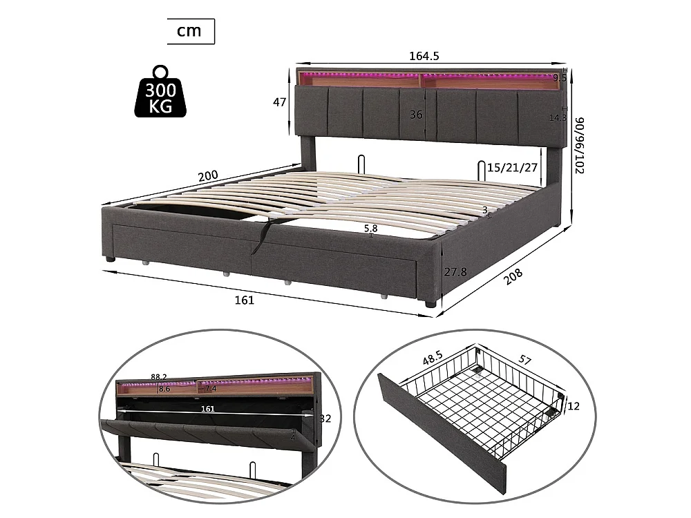 Lit de rangement hydraulique - 160 x 200 cm - avec éclairage LED et 2 tiroirs et compartiments de rangement - Pièce de tête réglable - Linge - gris