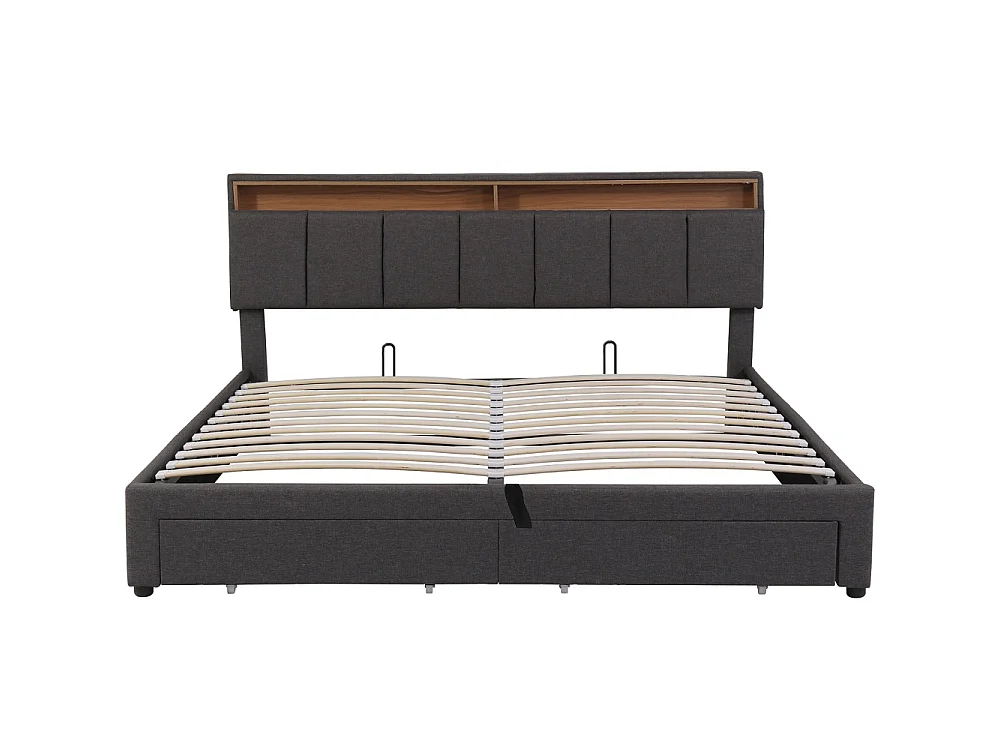 Lit de rangement hydraulique - 160 x 200 cm - avec éclairage LED et 2 tiroirs et compartiments de rangement - Pièce de tête réglable - Linge - gris