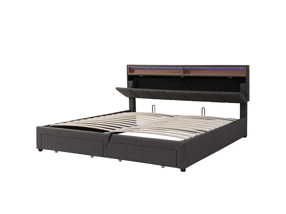 Lit de rangement hydraulique - 160 x 200 cm - avec éclairage LED et 2 tiroirs et compartiments de rangement - Pièce de tête réglable - Linge - gris