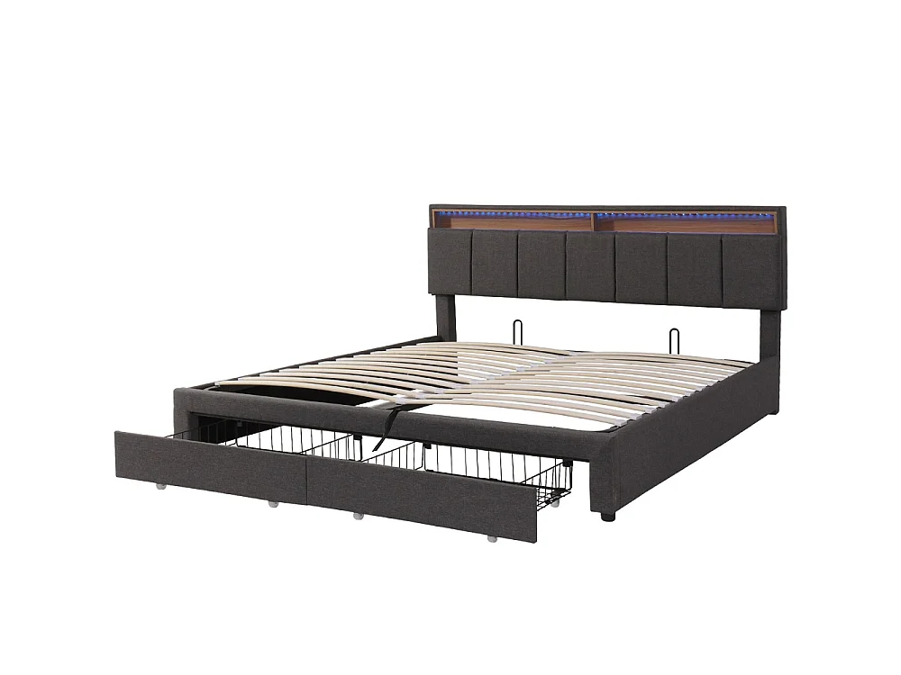 Lit de rangement hydraulique - 160 x 200 cm - avec éclairage LED et 2 tiroirs et compartiments de rangement - Pièce de tête réglable - Linge - gris