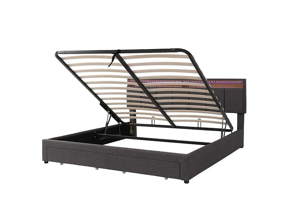 Lit de rangement hydraulique - 160 x 200 cm - avec éclairage LED et 2 tiroirs et compartiments de rangement - Pièce de tête réglable - Linge - gris