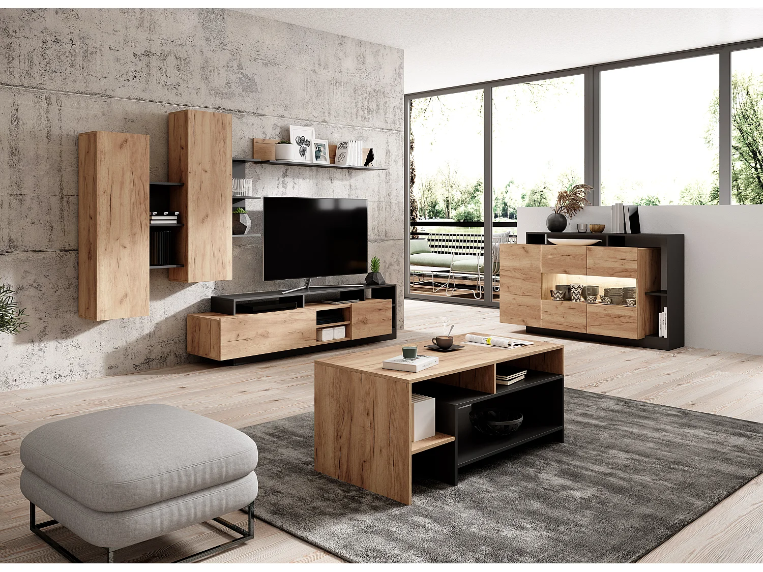 Modulare Wohnwand für TV, Eiche Craft / Anthrazit, 260 x 40 x 171,5 cm