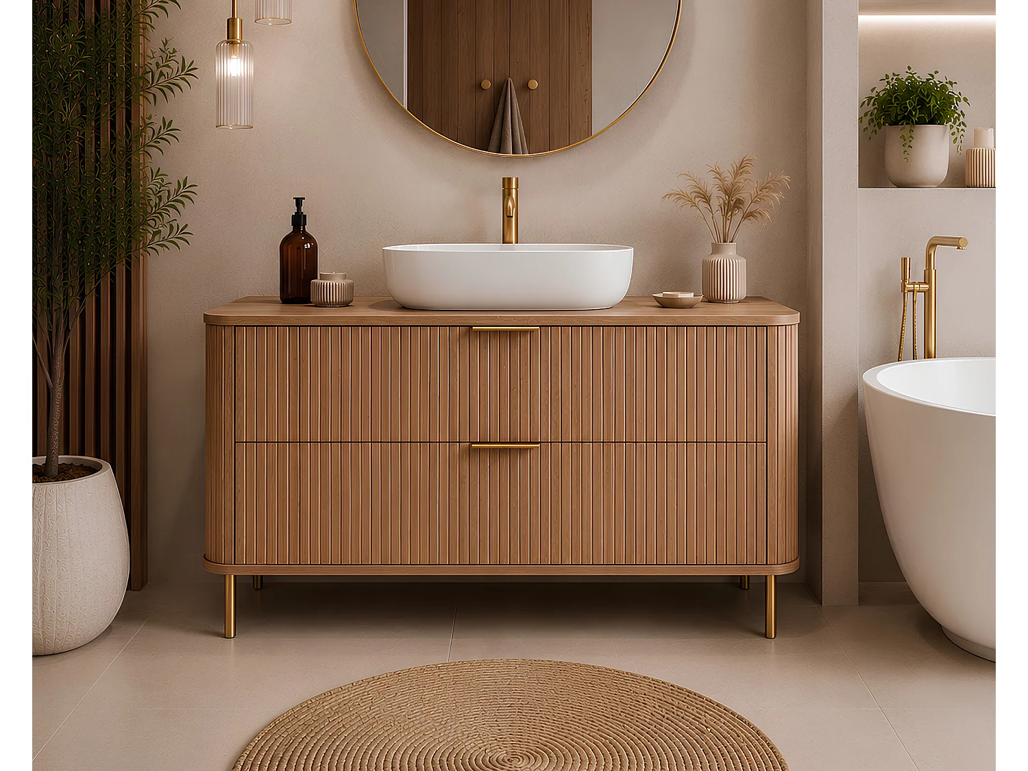 Free-standing bathroom cabinet with drawers and metal legs, colour Craft Oak, gold handle, gold legs, 120 x 41.5 x 66.7 cm