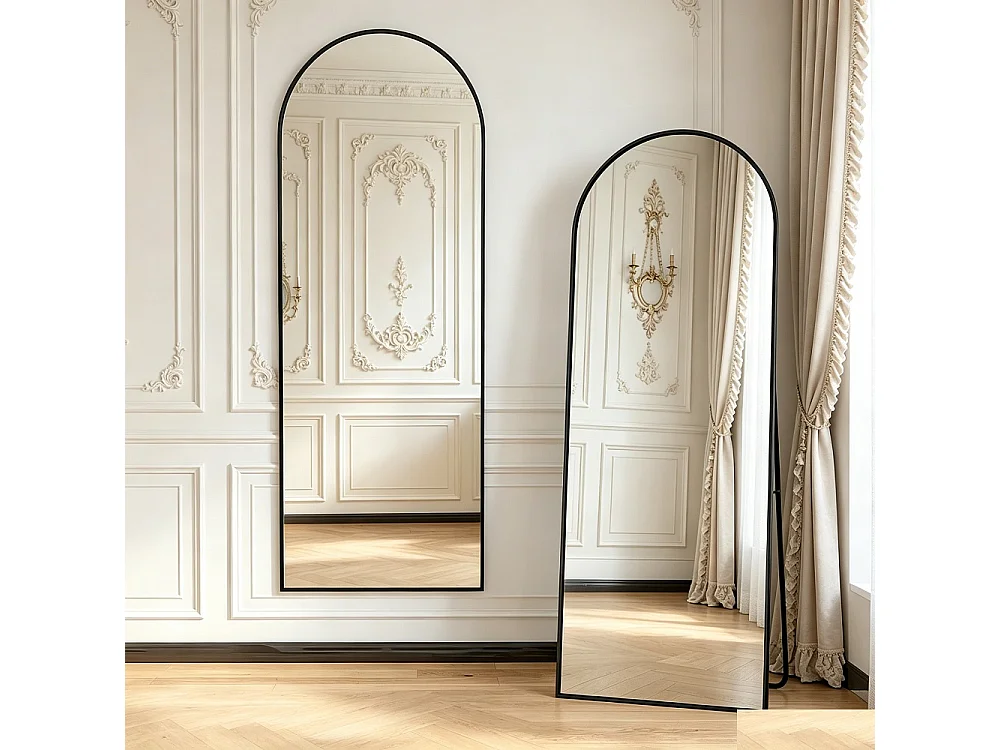 Grand miroir de corps arcé - 173 x 63 x 1.5 cm - avec cadre en alliage d'aluminium - Peut suspendu au mur ou incliné debout - noir