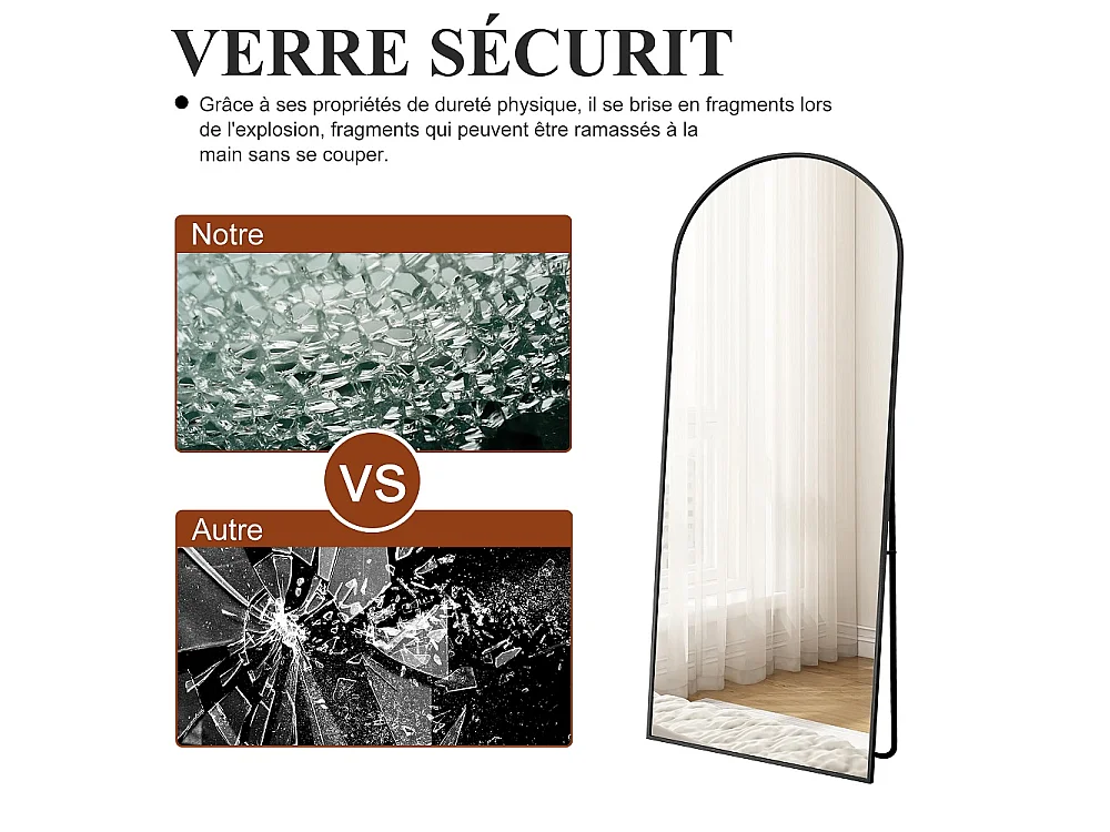 Grand miroir de corps arcé - 173 x 63 x 1.5 cm - avec cadre en alliage d'aluminium - Peut suspendu au mur ou incliné debout - noir