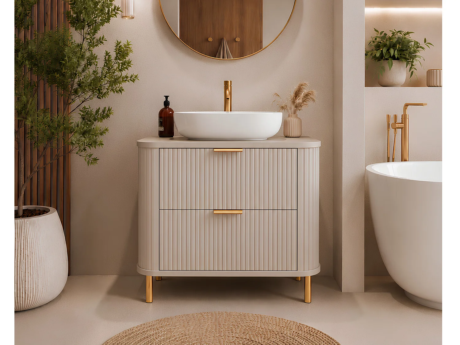 Free-standing bathroom cabinet with drawers and metal legs, colour Cashmere, gold handle, gold legs, 80 x 41.5 x 66.7 cm