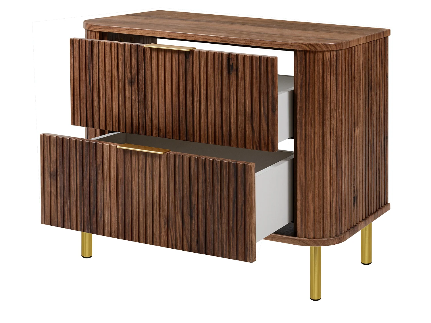 Free-standing bathroom cabinet with drawers and metal legs, colour Oak-Walnut, gold handle, gold legs, 80 x 41.5 x 66.7 cm