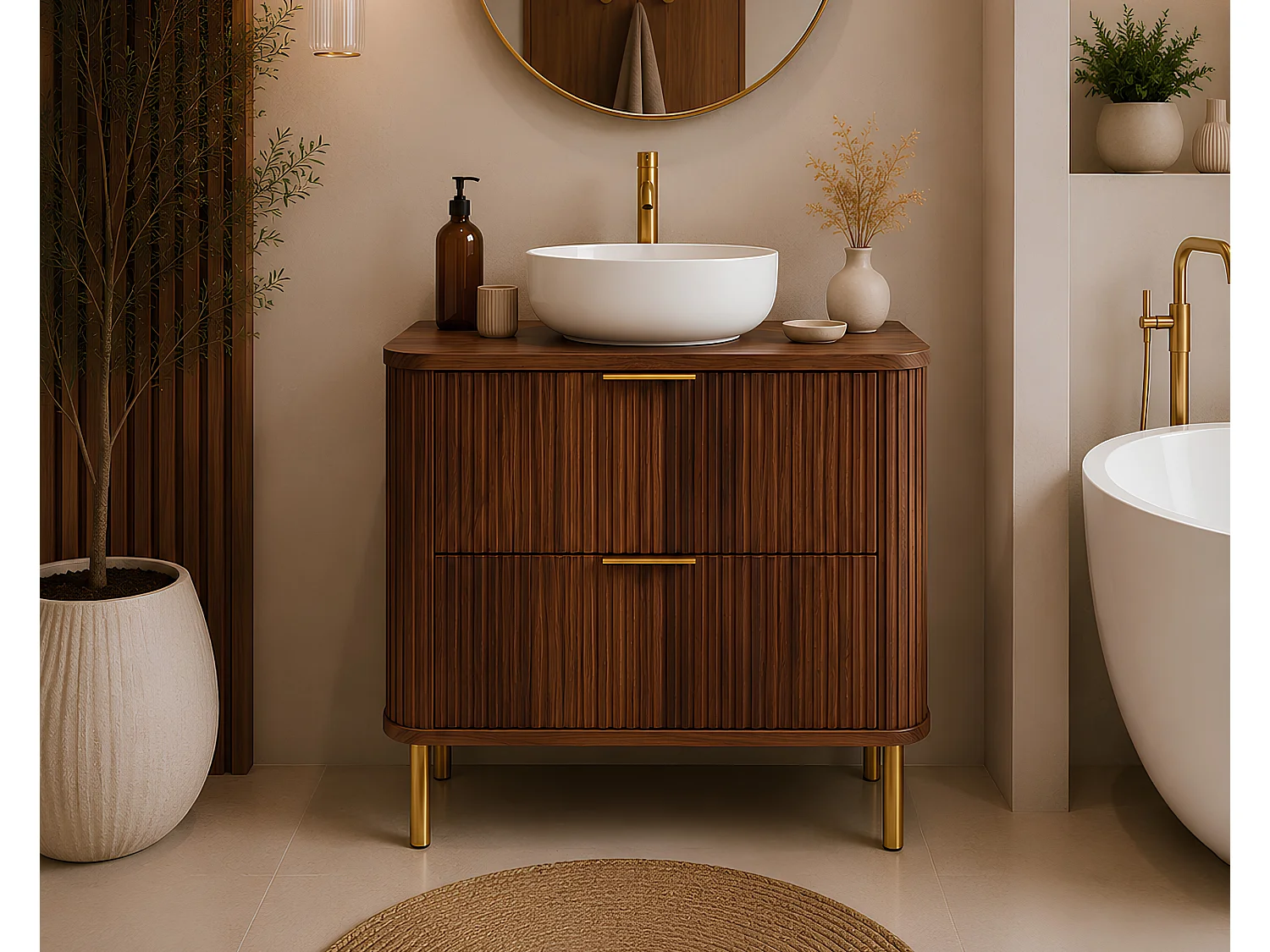 Free-standing bathroom cabinet with drawers and metal legs, colour Oak-Walnut, gold handle, gold legs, 80 x 41.5 x 66.7 cm