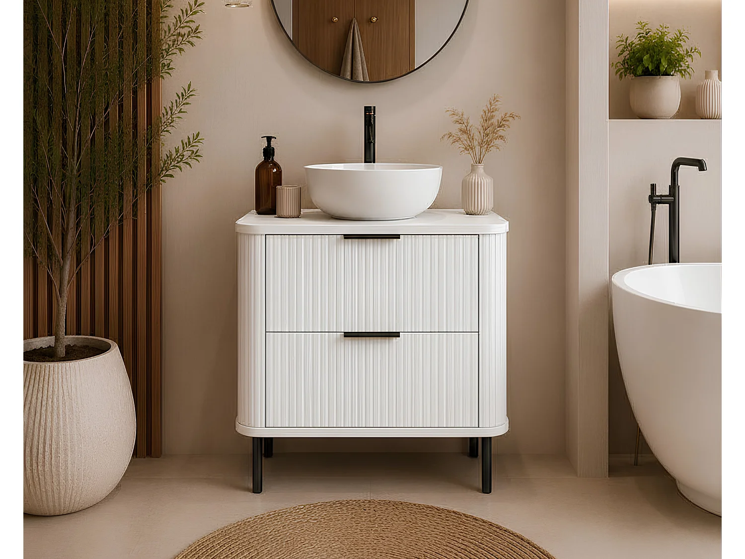 Meuble de salle de bain sur pieds avec tiroirs et pieds métalliques, coloris Blanc, poignée noir, pieds noir, 60 x 41,5 x 66,7 cm