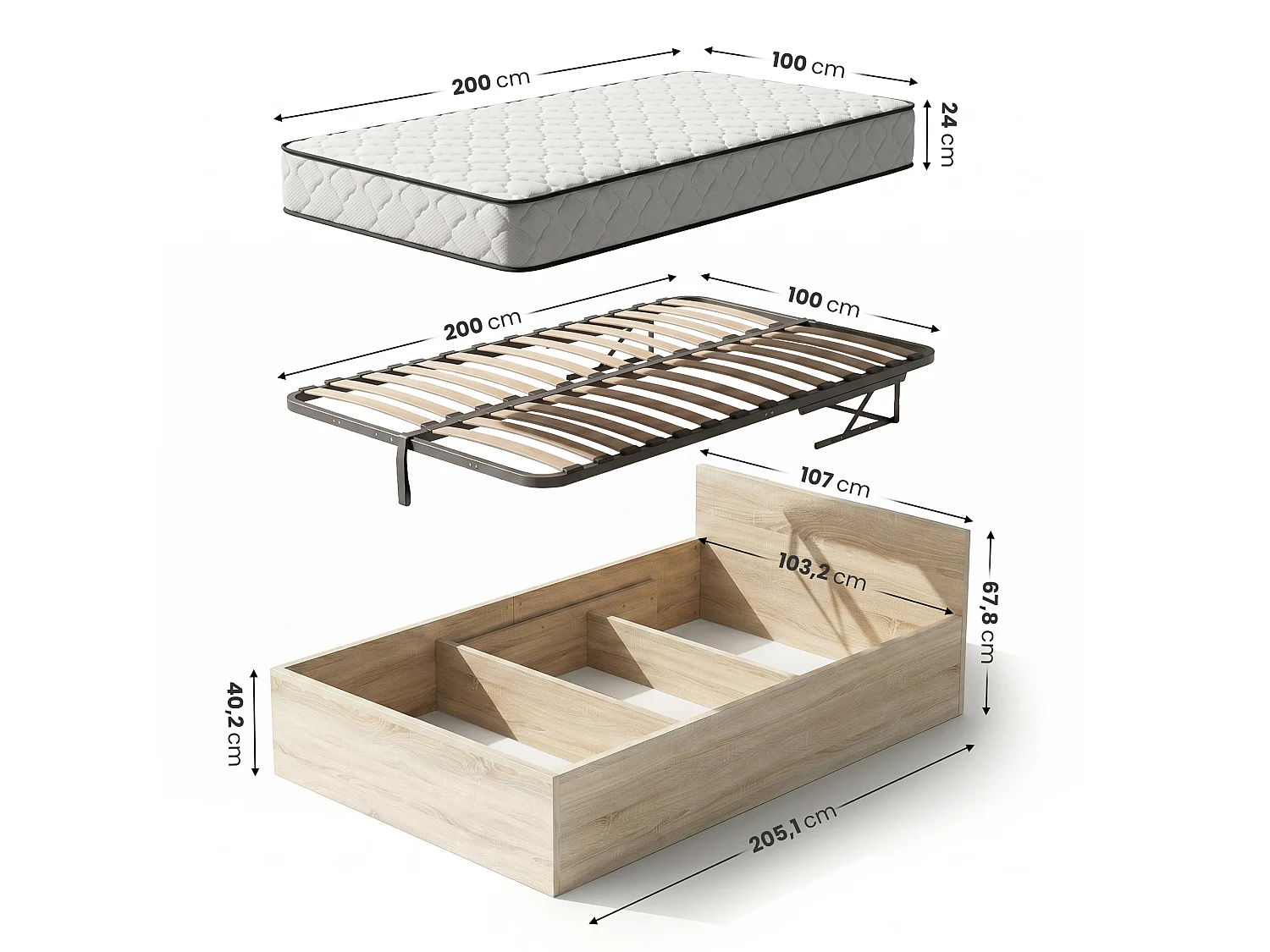 Letto con contenitore 100x200 cm rete sollevabile in metallo e materasso a molle Rovere Sonoma
