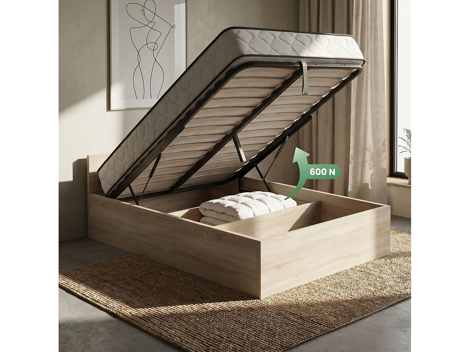 Bed met Opbergruimte 100x200 cm Metalen Lattenbodem Opklapbaar en Binnenveringsmatras Sonoma Eiken