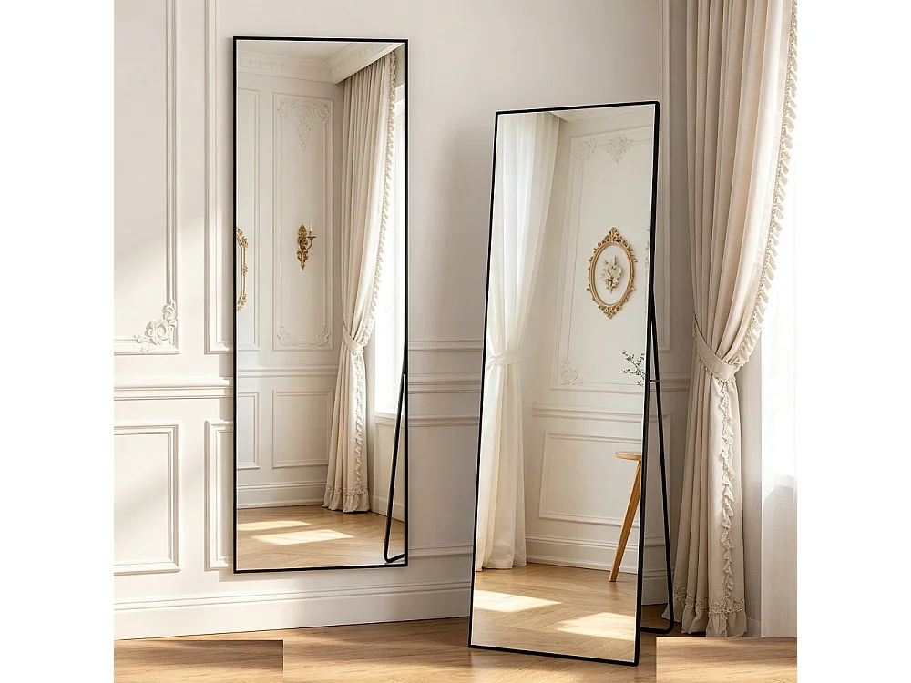 Grand miroir de corps rectangulaire - 164 x 54 x 1.5 cm - avec cadre en alliage d'aluminium - Can Wall suspendu ou incliné debout - noir