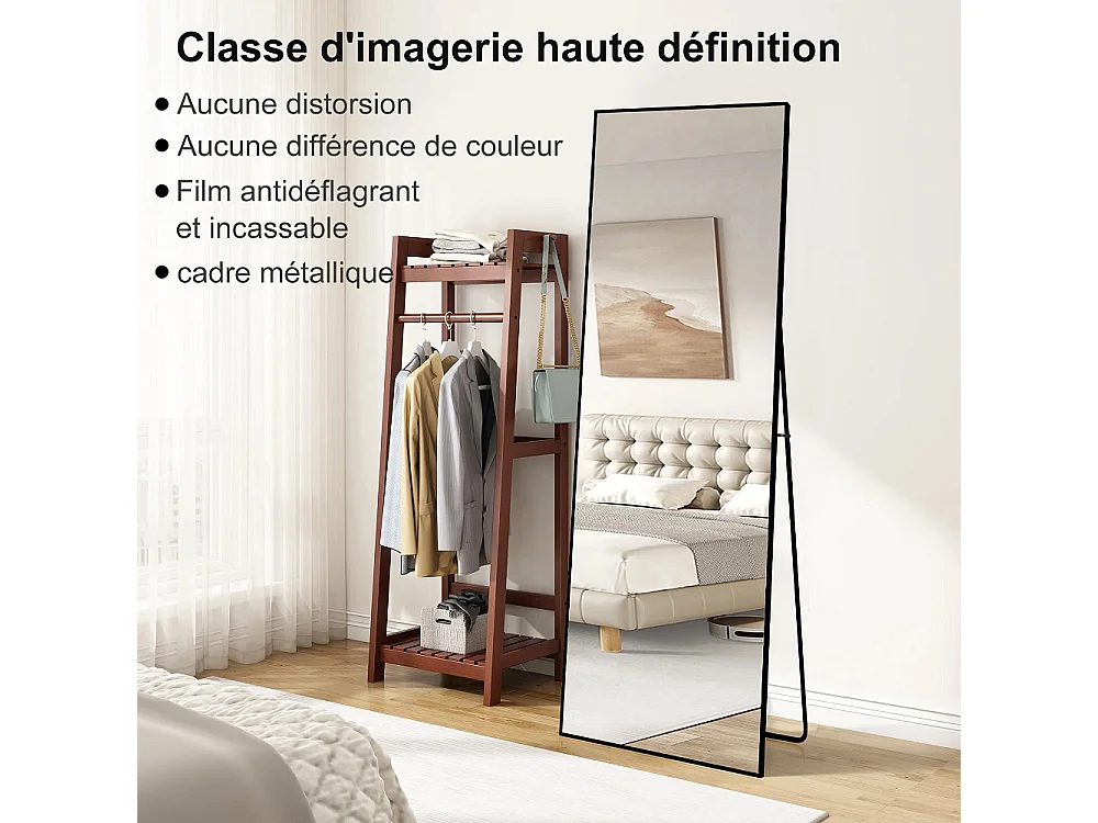 Grand miroir de corps rectangulaire - 164 x 54 x 1.5 cm - avec cadre en alliage d'aluminium - Can Wall suspendu ou incliné debout - noir