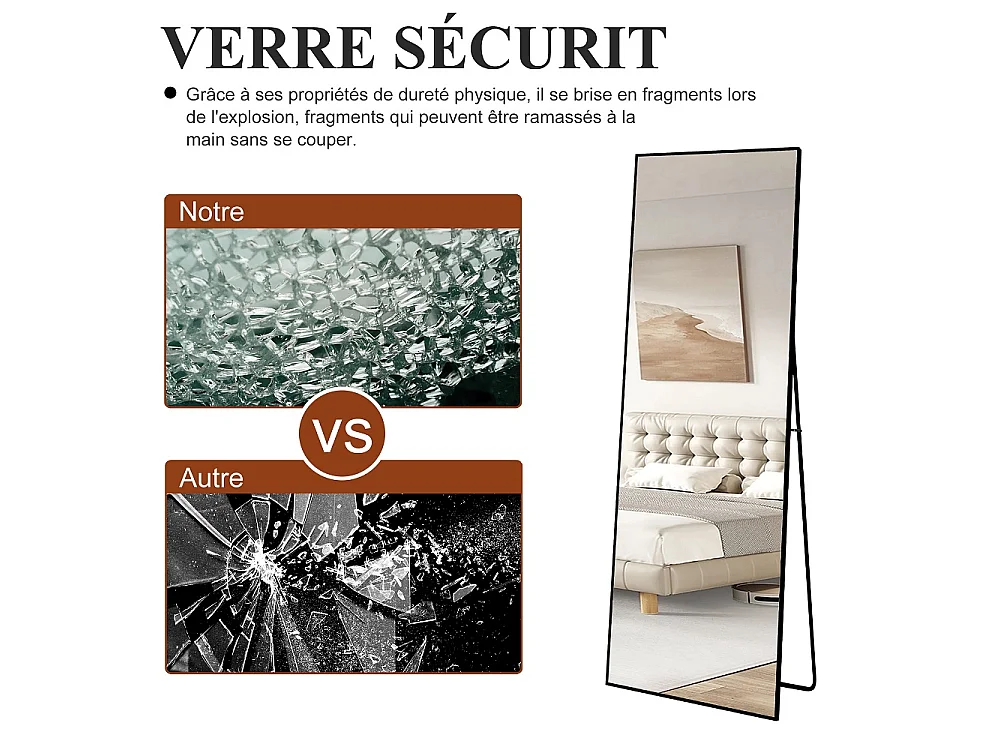 Grand miroir de corps rectangulaire - 164 x 54 x 1.5 cm - avec cadre en alliage d'aluminium - Can Wall suspendu ou incliné debout - noir