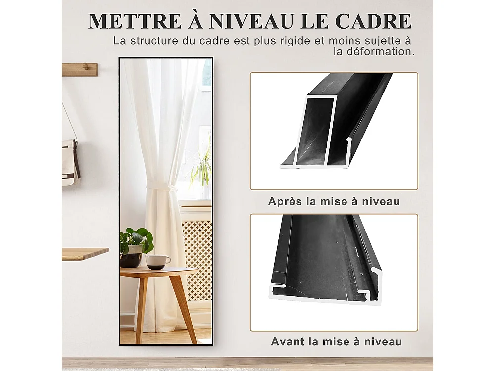 Grand miroir de corps rectangulaire - 164 x 54 x 1.5 cm - avec cadre en alliage d'aluminium - Can Wall suspendu ou incliné debout - noir
