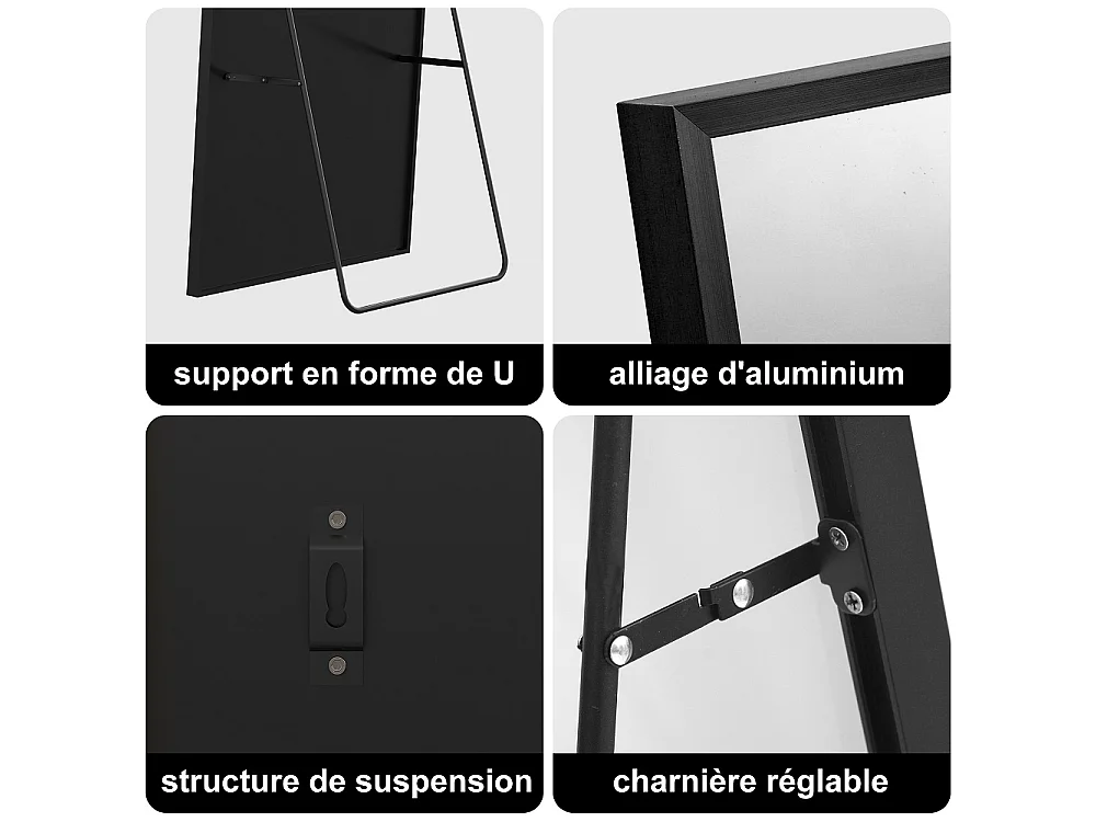 Grand miroir de corps rectangulaire - 164 x 54 x 1.5 cm - avec cadre en alliage d'aluminium - Can Wall suspendu ou incliné debout - noir
