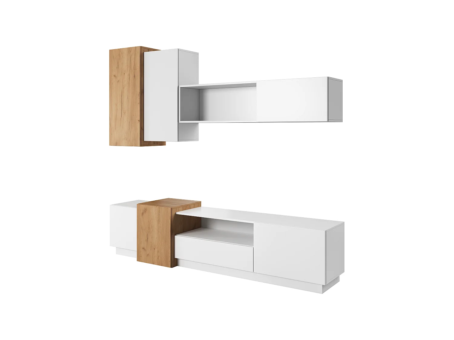 Modulaire Wandkast voor Woonkamer met TV, Wit / Craft Eik Goud, 220 x 45 x 180 cm