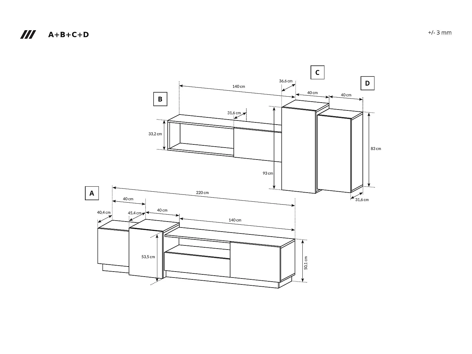 Modulaire Wandkast voor Woonkamer met TV, Wit / Craft Eik Goud, 220 x 45 x 180 cm