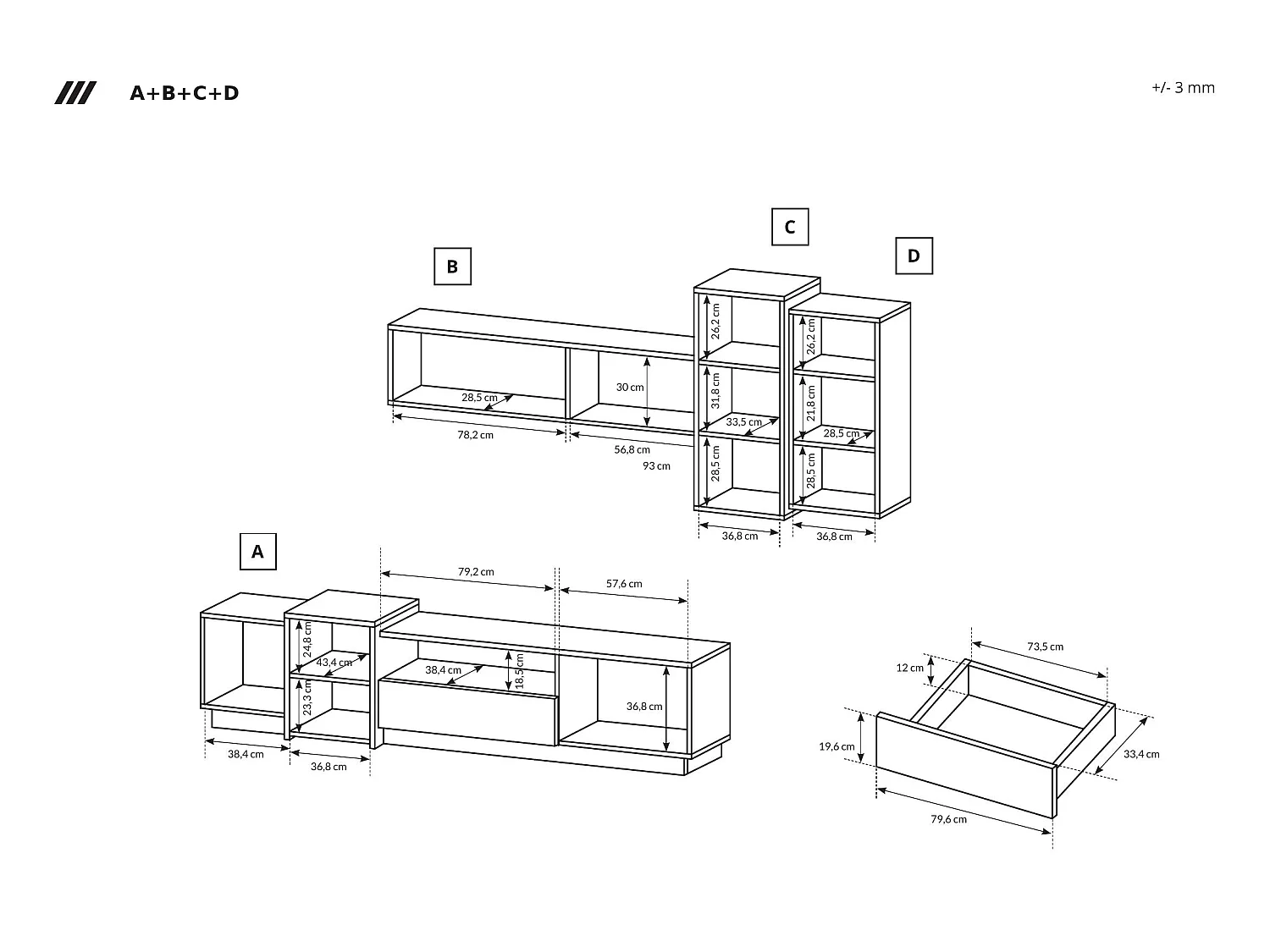 Modulaire Wandkast voor Woonkamer met TV, Wit / Craft Eik Goud, 220 x 45 x 180 cm