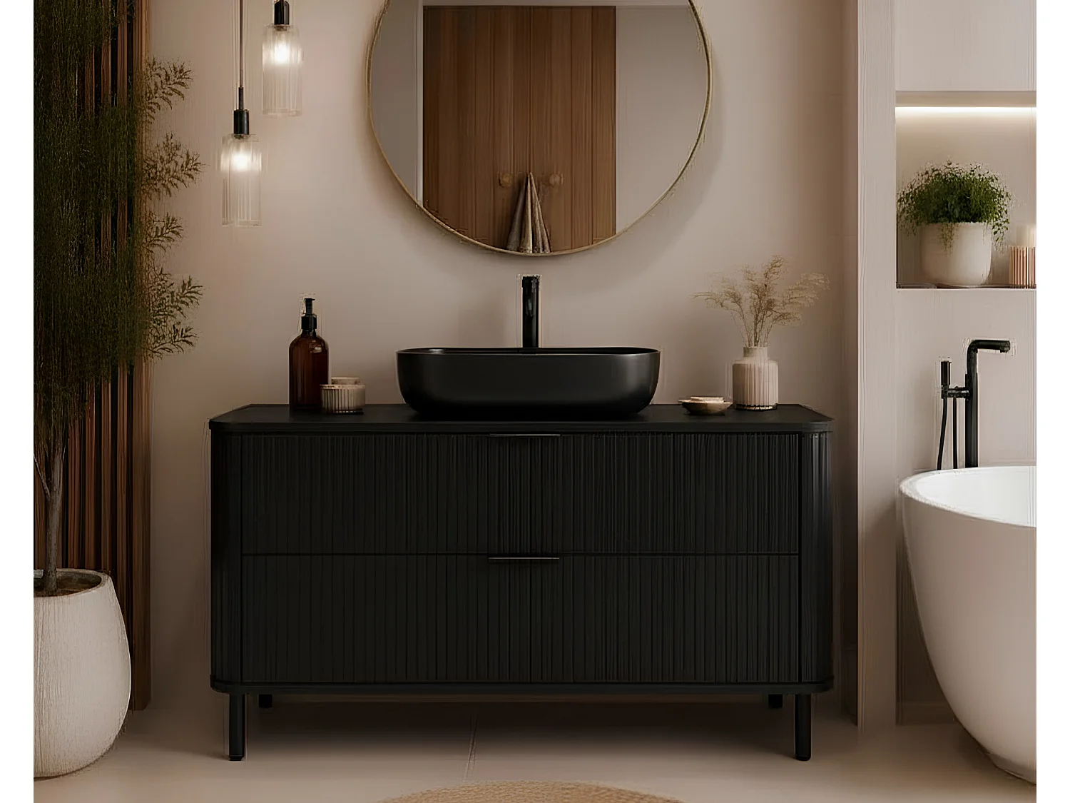 Meuble de salle de bain sur pieds avec tiroirs et pieds métalliques, coloris Noir, poignée noir, pieds noir, 120 x 41,5 x 66,7 cm