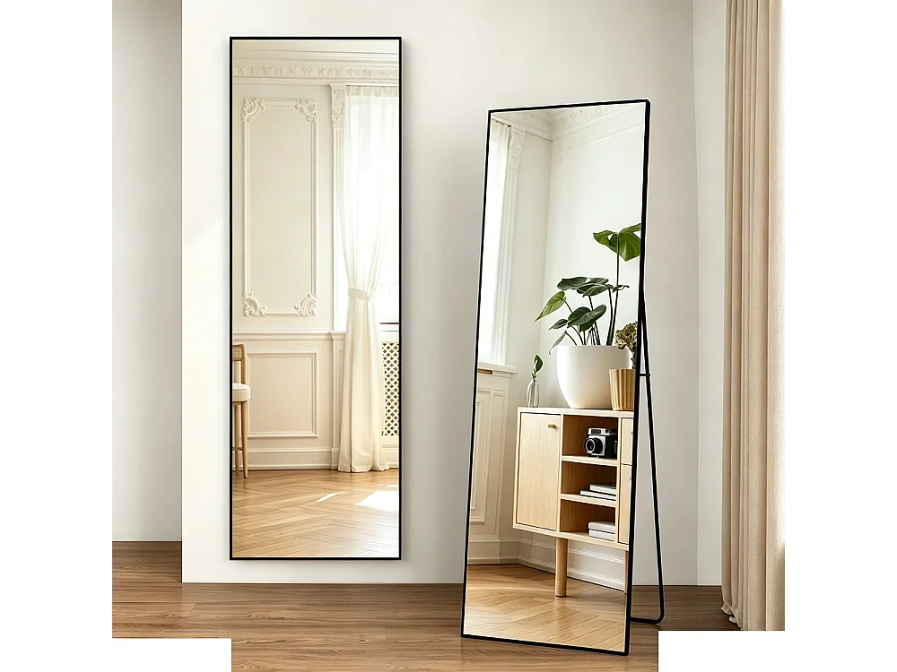 Grand miroir carré plein corps - 177 x 77 cm - Cadre en alliage d'aluminium Verre trempé - Noir