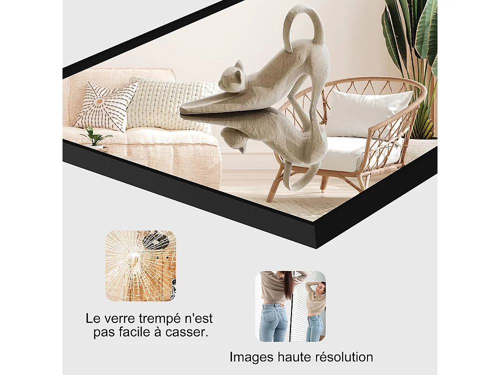 Grand miroir carré plein corps - 177 x 77 cm - Cadre en alliage d'aluminium Verre trempé - Noir
