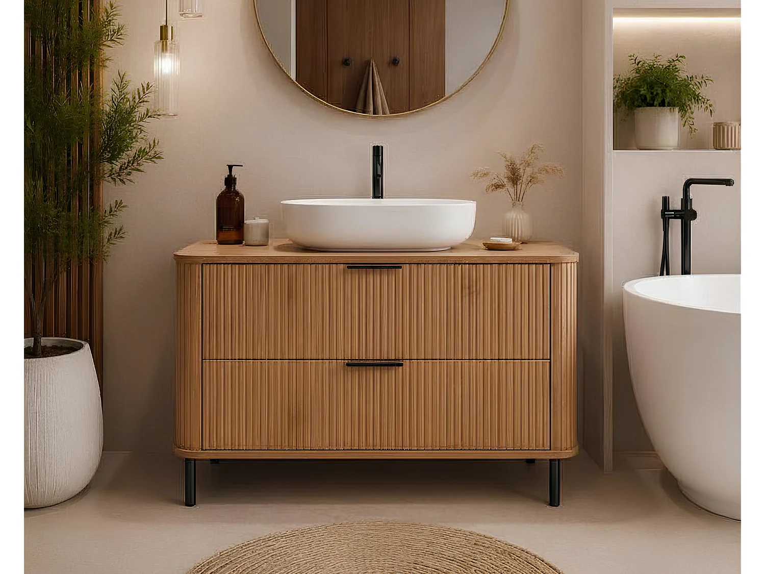 Free-standing bathroom cabinet with drawers and metal legs, colour Craft Oak, black handle, black legs, 100 x 41.5 x 66.7 cm