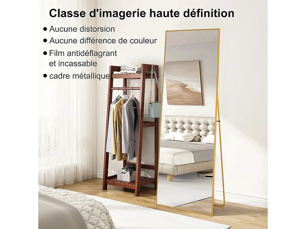 Grand miroir de corps rectangulaire - 164 x 54 x 1.5 cm - avec cadre en alliage d'aluminium - Can Wall suspendu ou incliné debout - or