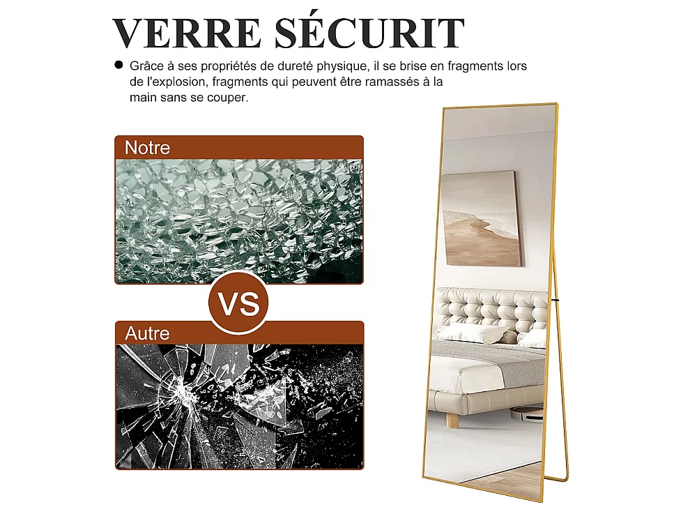 Grand miroir de corps rectangulaire - 164 x 54 x 1.5 cm - avec cadre en alliage d'aluminium - Can Wall suspendu ou incliné debout - or