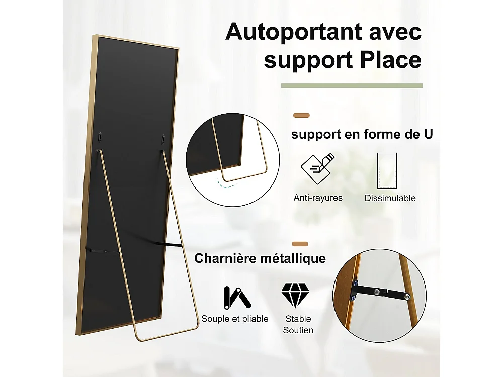 Grand miroir de corps rectangulaire - 164 x 54 x 1.5 cm - avec cadre en alliage d'aluminium - Can Wall suspendu ou incliné debout - or