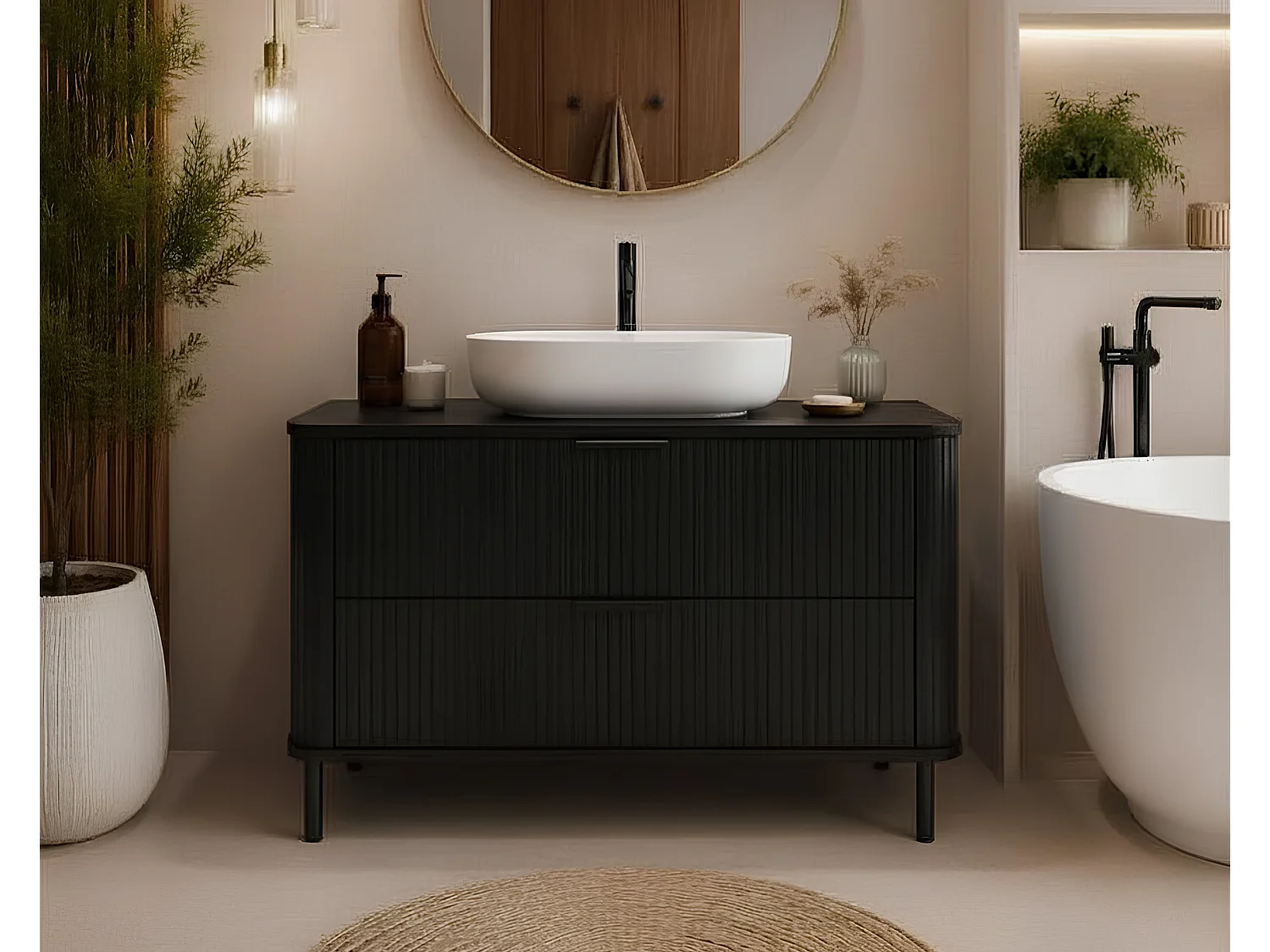 Meuble de salle de bain sur pieds avec tiroirs et pieds métalliques, coloris Noir, poignée noir, pieds noir, 100 x 41,5 x 66,7 cm