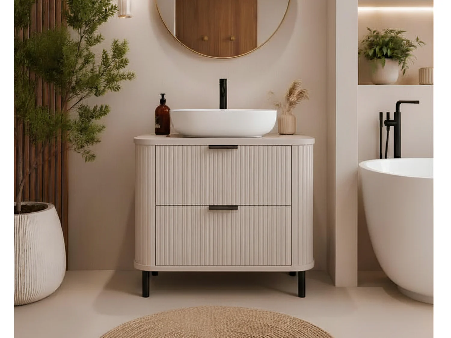 Meuble de salle de bain sur pieds avec tiroirs et pieds métalliques, coloris Cachemire, poignée noir, pieds noir, 80 x 41,5 x 66,7 cm
