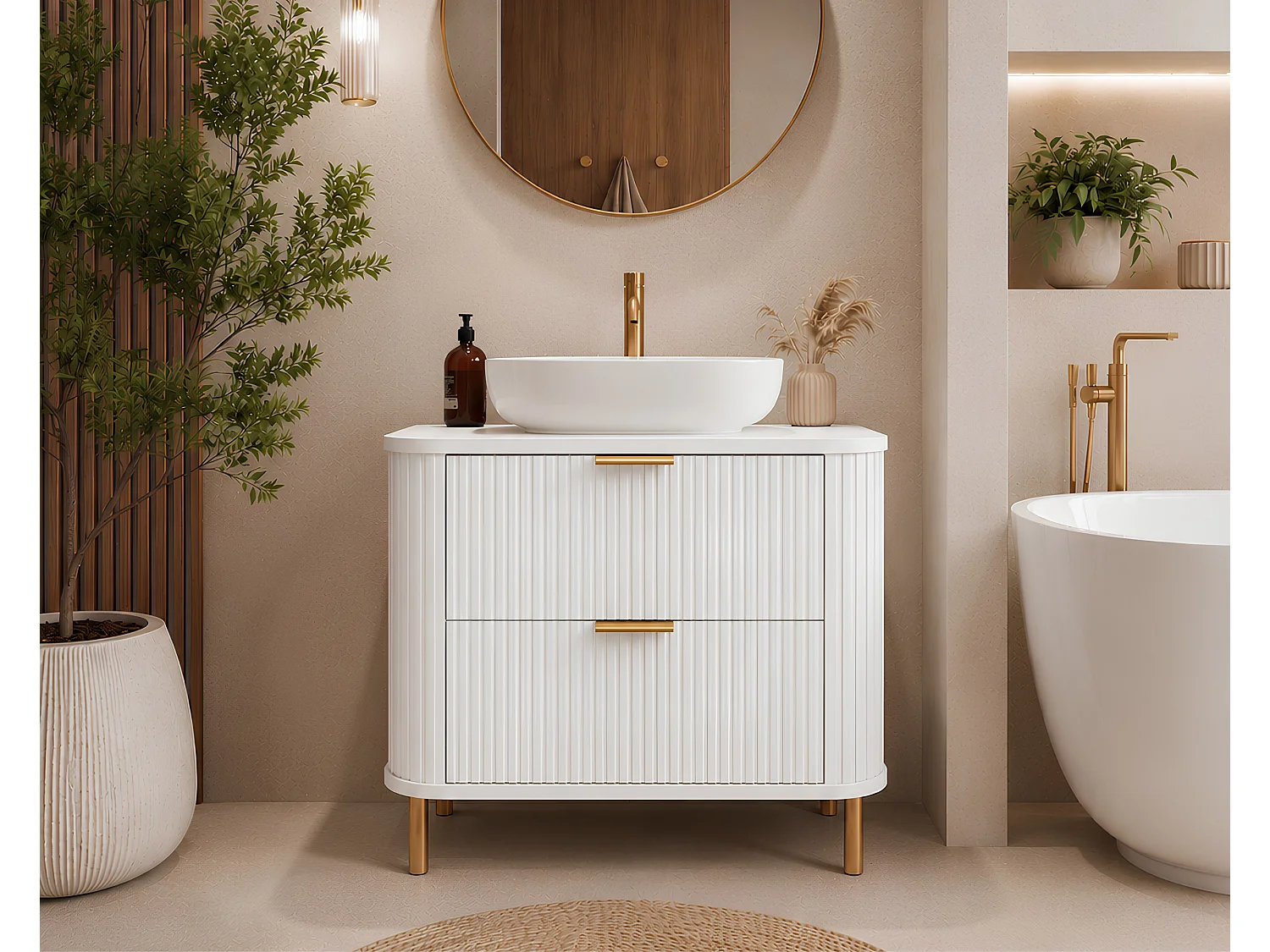Meuble de salle de bain sur pieds avec tiroirs et pieds métalliques, coloris Blanc, poignée doré, pieds doré, 80 x 41,5 x 66,7 cm