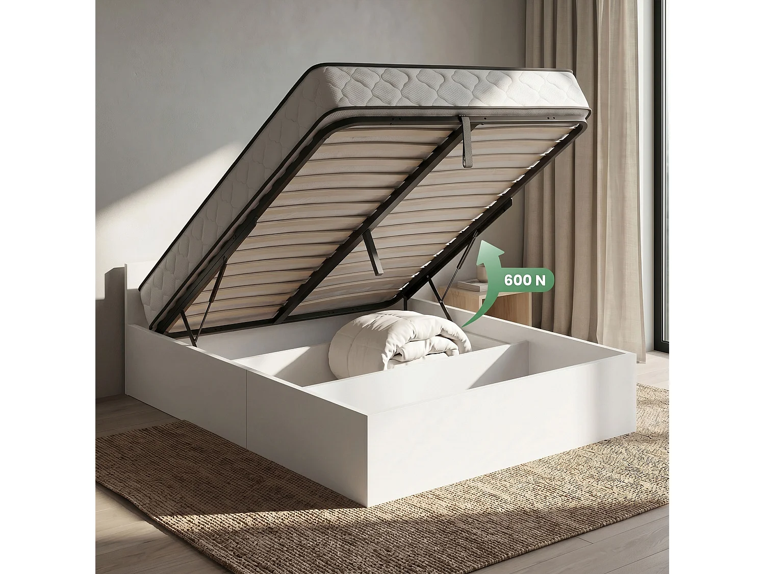 Bed met Opbergruimte 140x200 cm Metalen Lattenbodem Opklapbaar en Binnenveringsmatras Wit