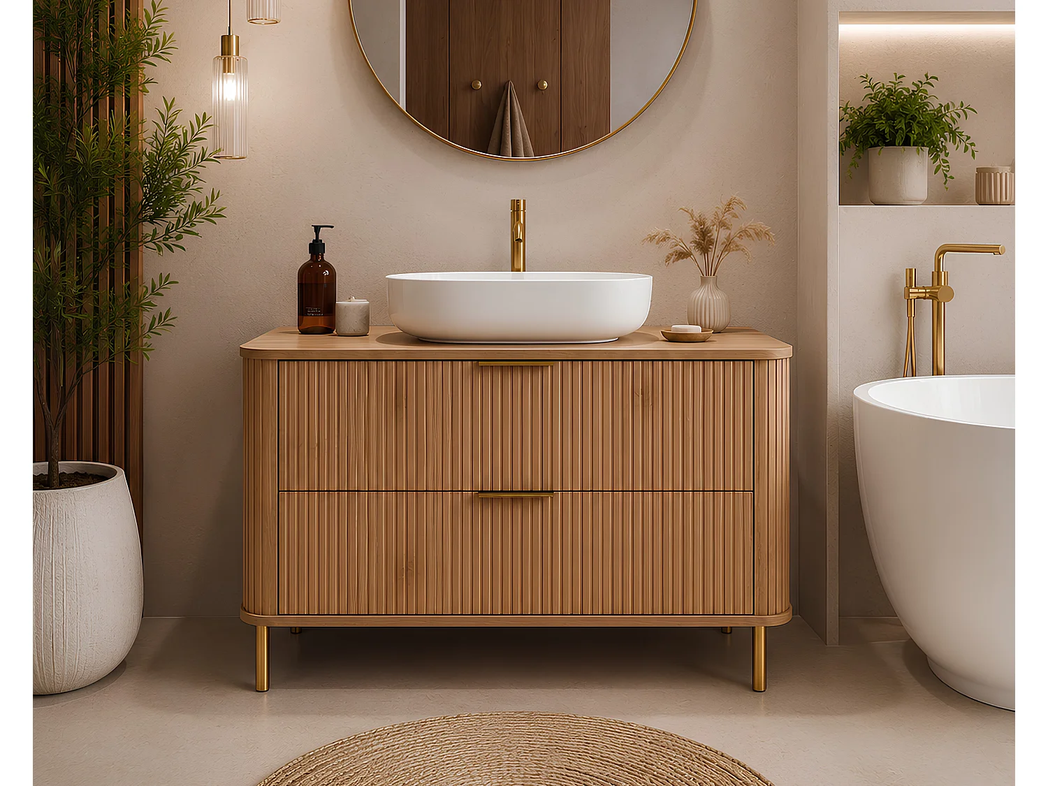 Meuble de salle de bain sur pieds avec tiroirs et pieds métalliques, coloris Chêne Craft, poignée doré, pieds doré, 100 x 41,5 x 66,7 cm